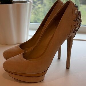 Brian Atwood Blush Suede Jeweled Heel Platform Pumps